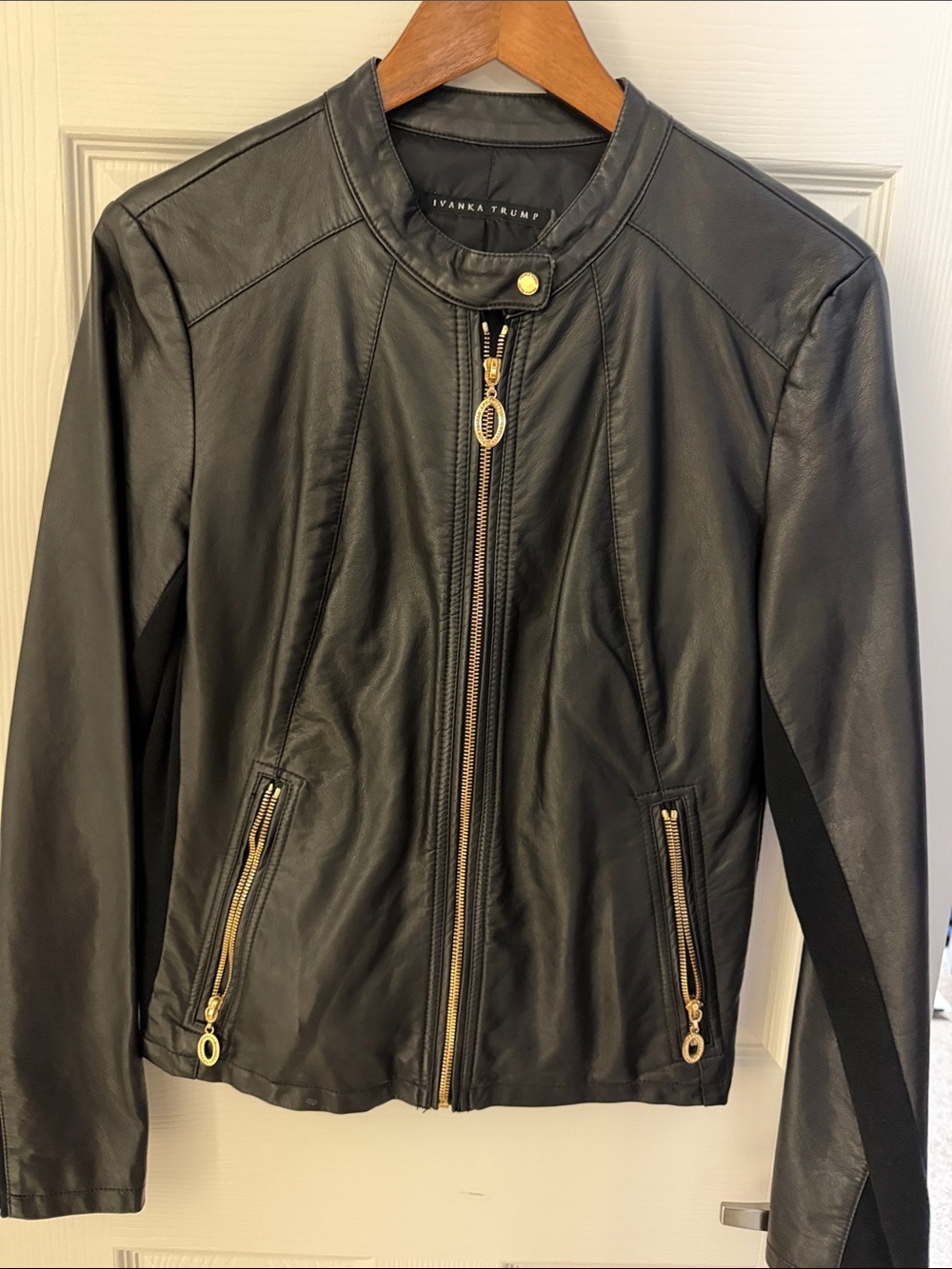 Ivanka Trump Black Leather Zip Jacket with Gold Zippers